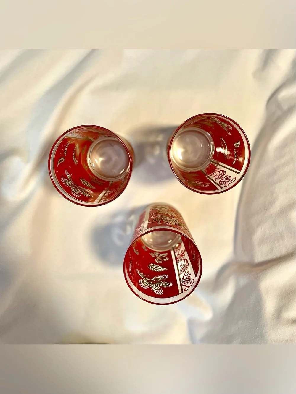*VINTAGE* 3 MCM Libbey Gold/Red Tapestry Highball Glasses - Leaf/Floral Tumblers
